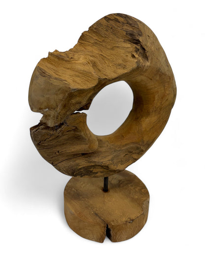 Unique piece: Teak wood decorative ring on a stand – Solid natural wood one-of-a-kind item for living room &amp; office