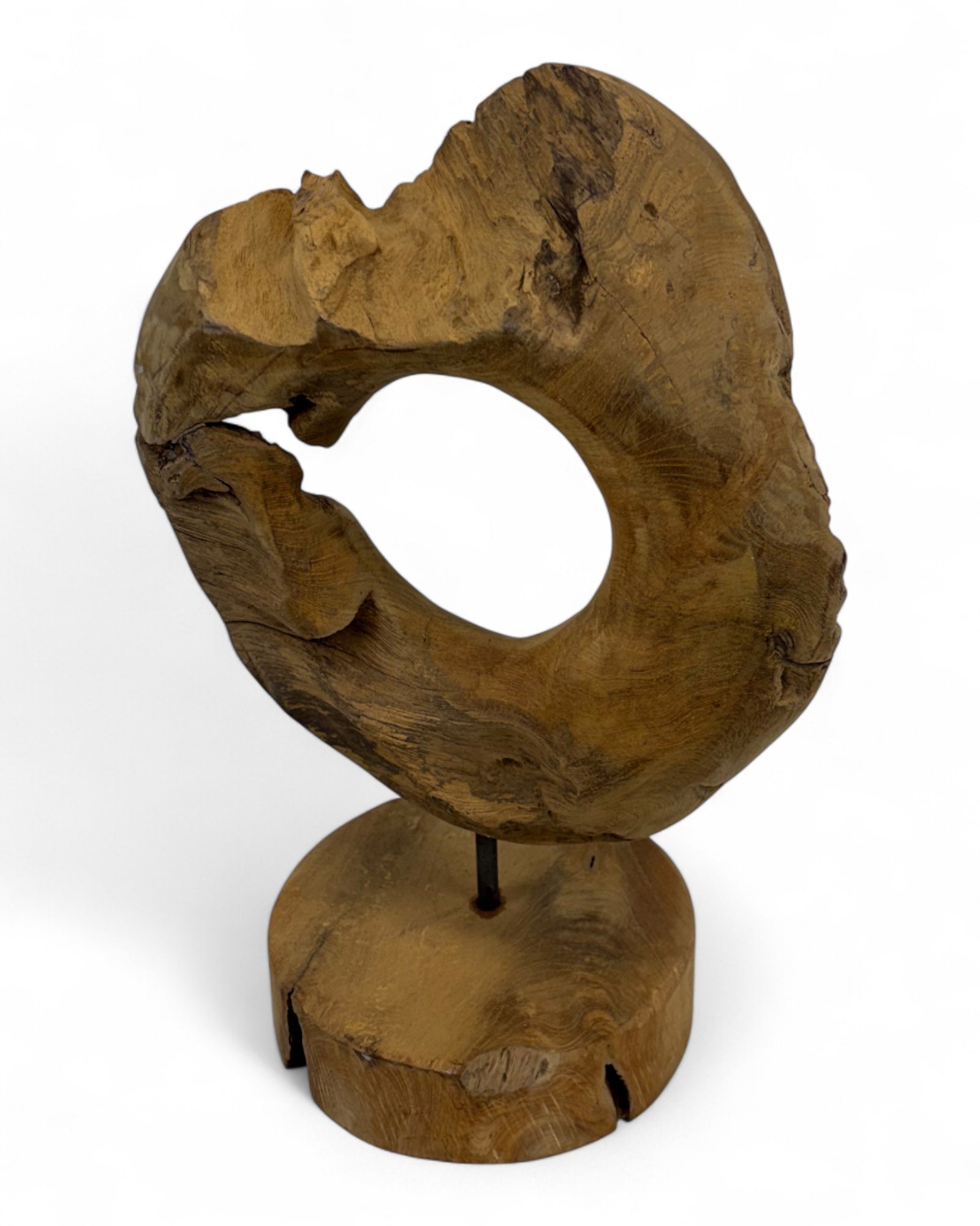 Unique piece: Teak wood decorative ring on a stand – Solid natural wood one-of-a-kind item for living room &amp; office