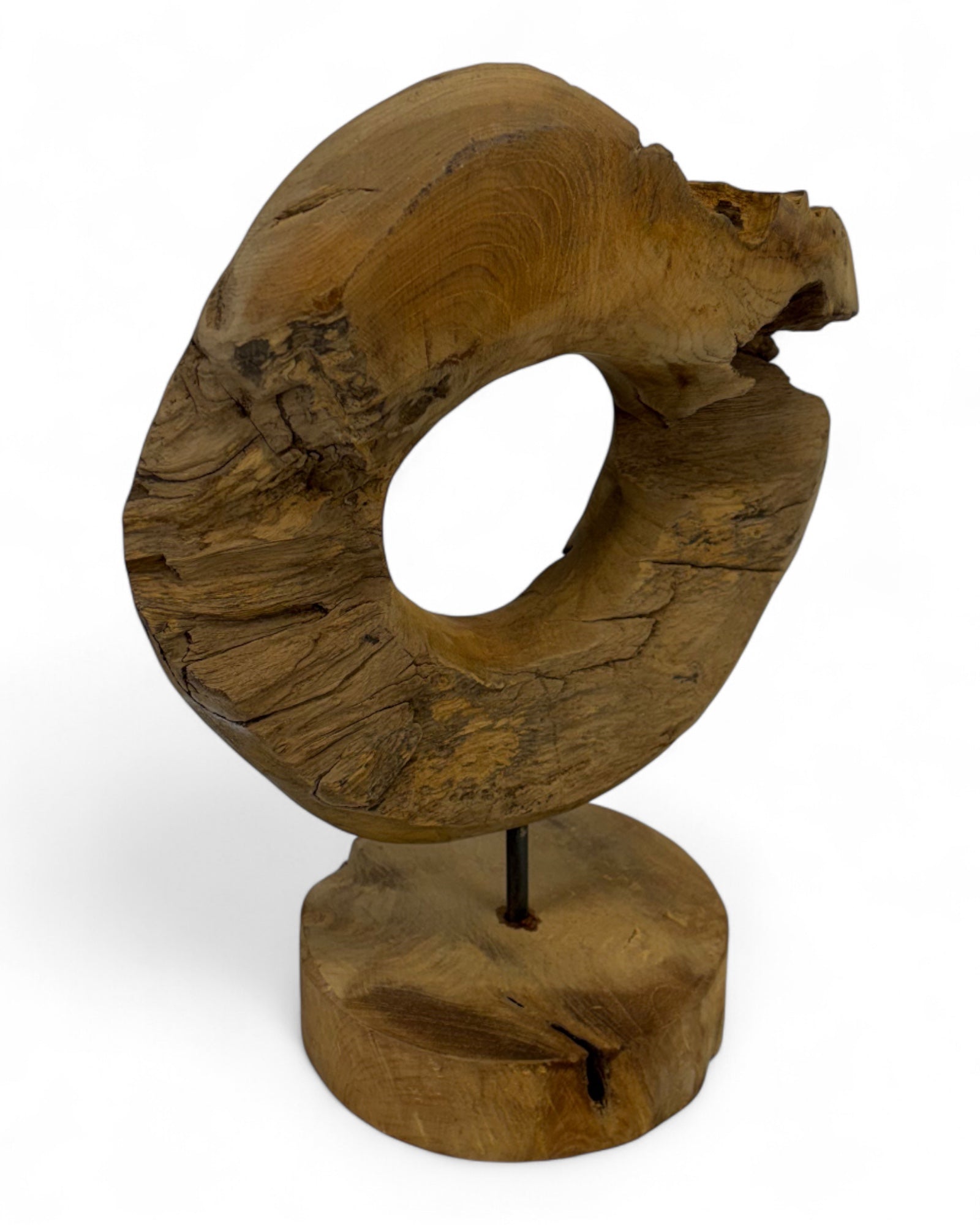 Unique piece: Teak wood decorative ring on a stand – Solid natural wood one-of-a-kind item for living room &amp; office