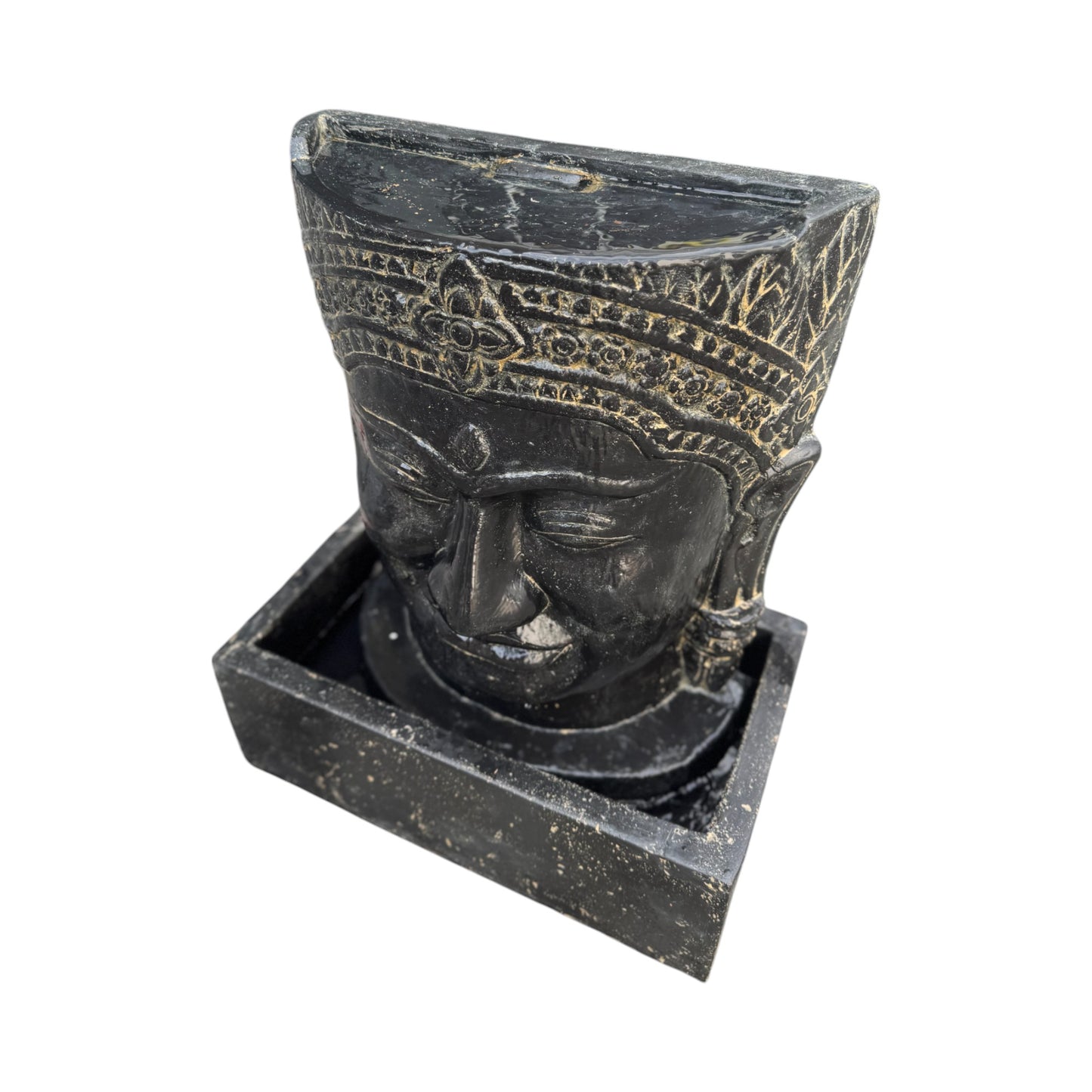 Khmer Kopf Springbrunnen - Garten Deko Wasserfall - Wetterfest - Steinguss Buddha Wasserspiel -  30x19x21 cm