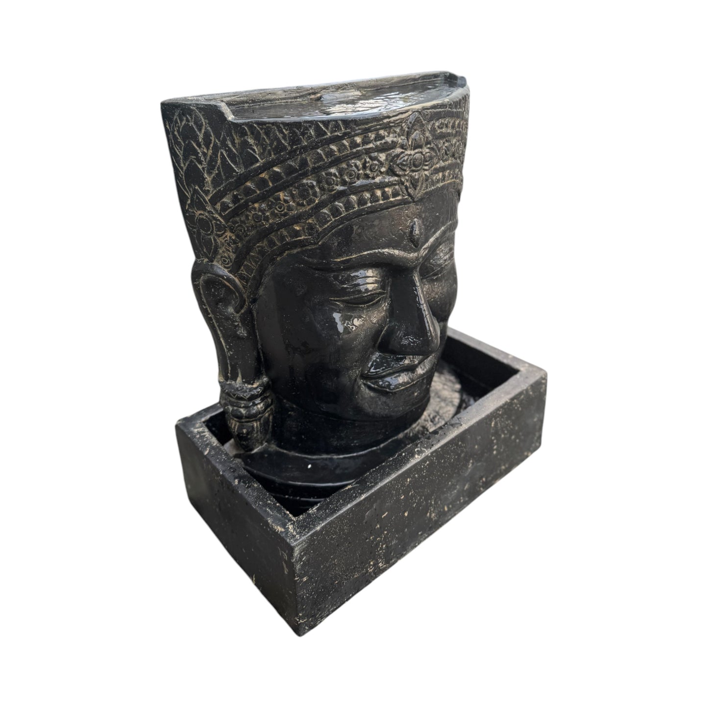Khmer Kopf Springbrunnen - Garten Deko Wasserfall - Wetterfest - Steinguss Buddha Wasserspiel -  30x19x21 cm