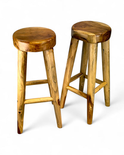 Solid wood bar stool – Handcrafted rustic wooden stool – Round seat for kitchen, bar &amp; dining area – 30x75 cm
