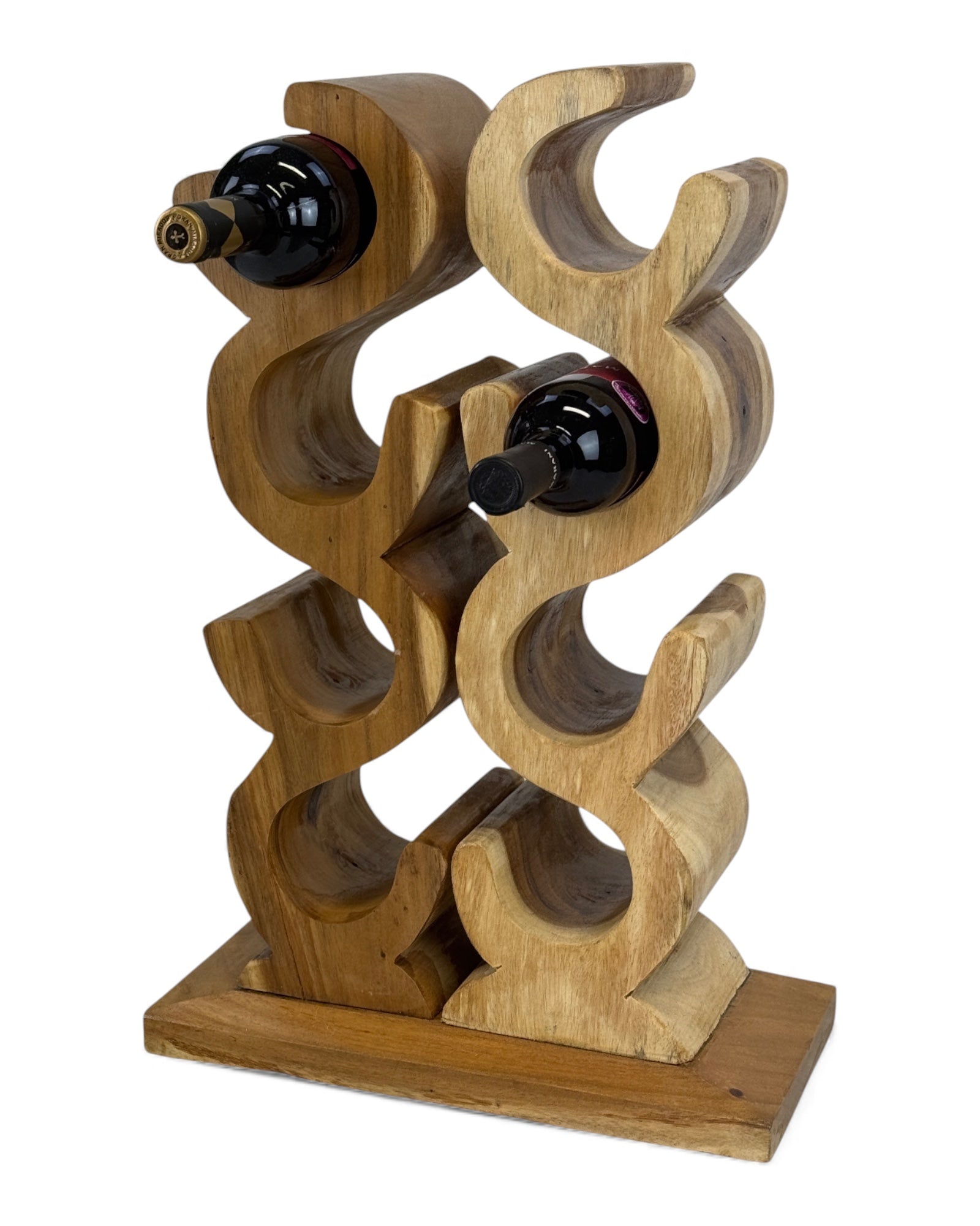 Holz Weinregal – Weinhalter Flaschenhalter - Küche Wohnzimmer Bar - Dekorativ Geschwungen – Aus Teakholz für 8 Flaschen – 60x40x20 cm