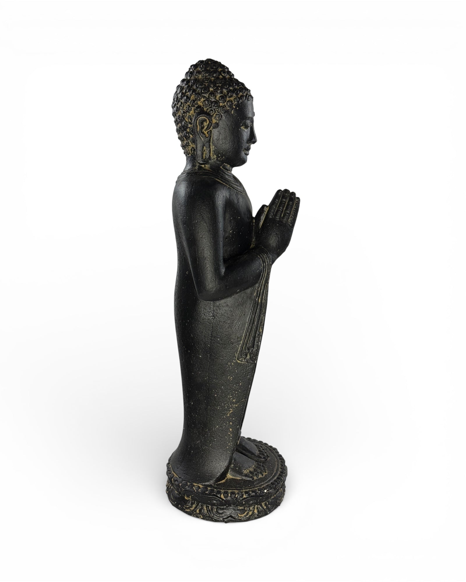 Buddha Figur stehend betend – Garten Terrasse Eingangsbereich Deko – Wetterfest – Stein Statue Namaste schwarz gold – 50x18x16 cm
