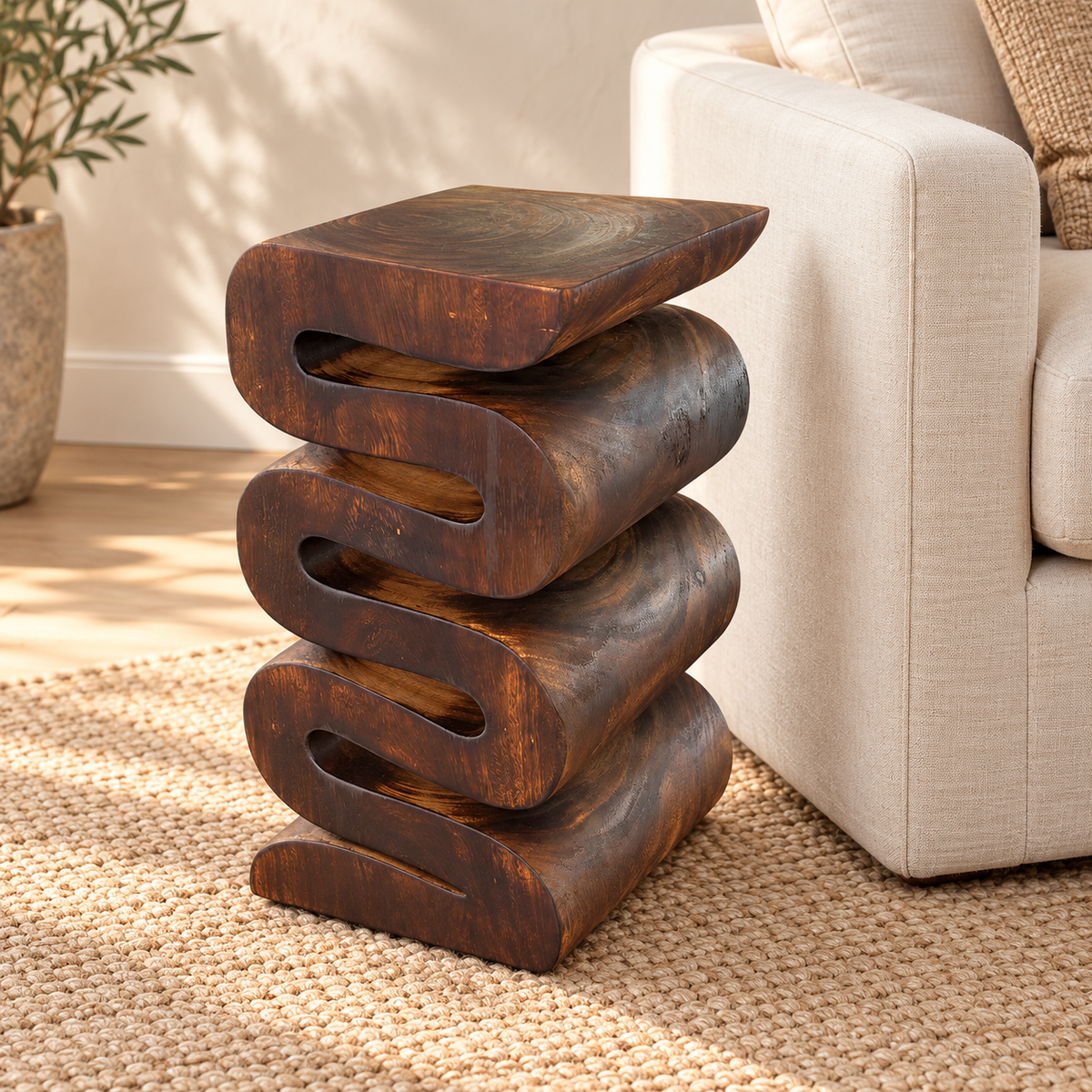 Wooden stool - side table, flower stool, storage table - handmade - flambéed snake made of solid suar wood - 50x30x30 cm