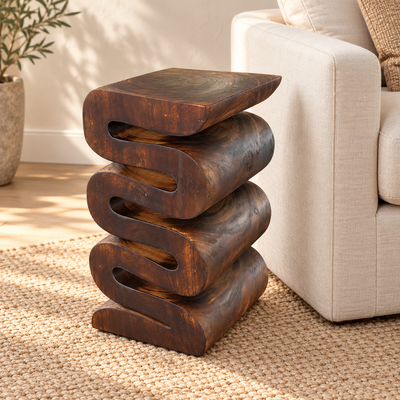 Wooden stool - side table, flower stool, storage table - handmade - flambéed snake made of solid suar wood - 50x30x30 cm