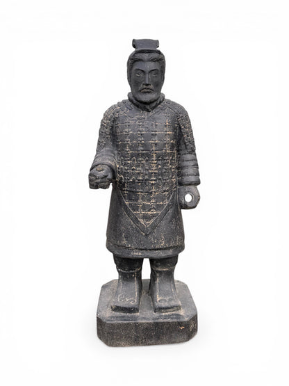FaHome black stone cast Terracotta Warrior statue, 100cm tall, detailed Asian garden figure, weather-resistant.