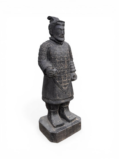 FaHome black stone-cast Terracotta Warrior statue, 100cm tall, detailed armour, for garden or indoor display.