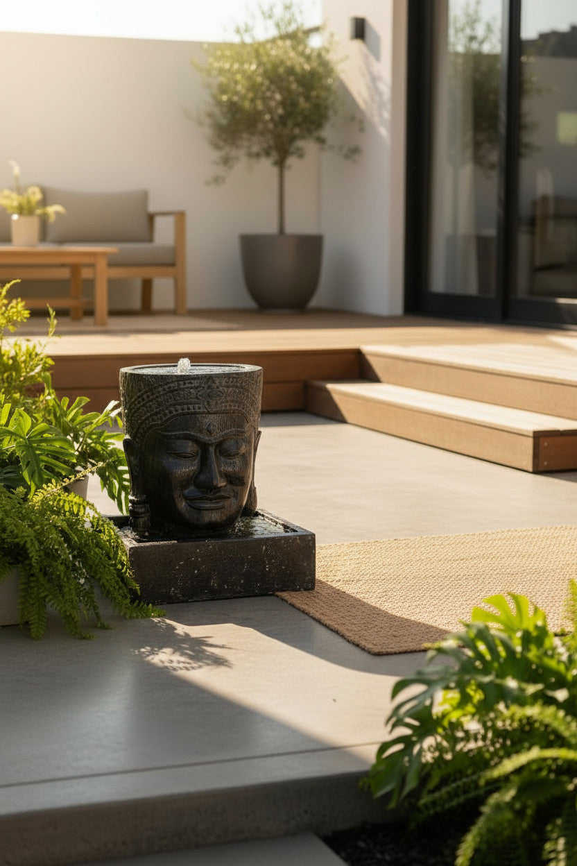 Khmer Head Fountain - Garden Decoration Waterfall - Weatherproof - Cast Stone Buddha Water Feature - 57x48.5x28 cm