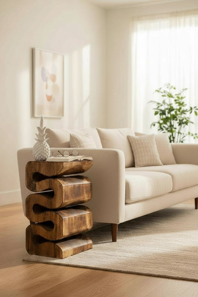 Wooden stool - side table, flower stool, storage table - handmade - flambéed snake made of solid suar wood - 50x30x30 cm