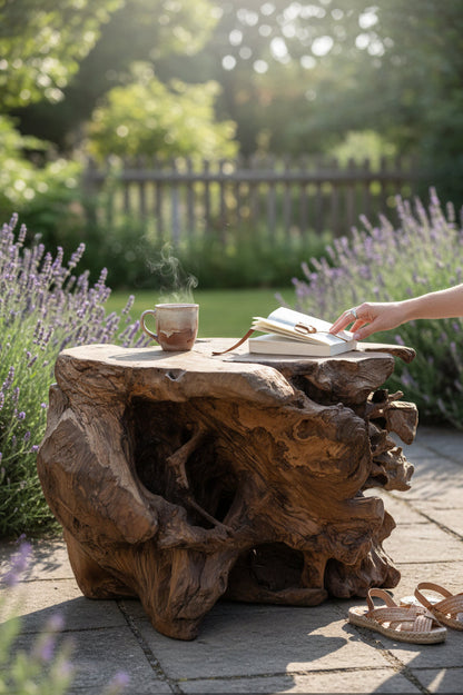 Unique piece: One-of-a-kind garden root wood table made of teak - 42 × 70 × 60 cm