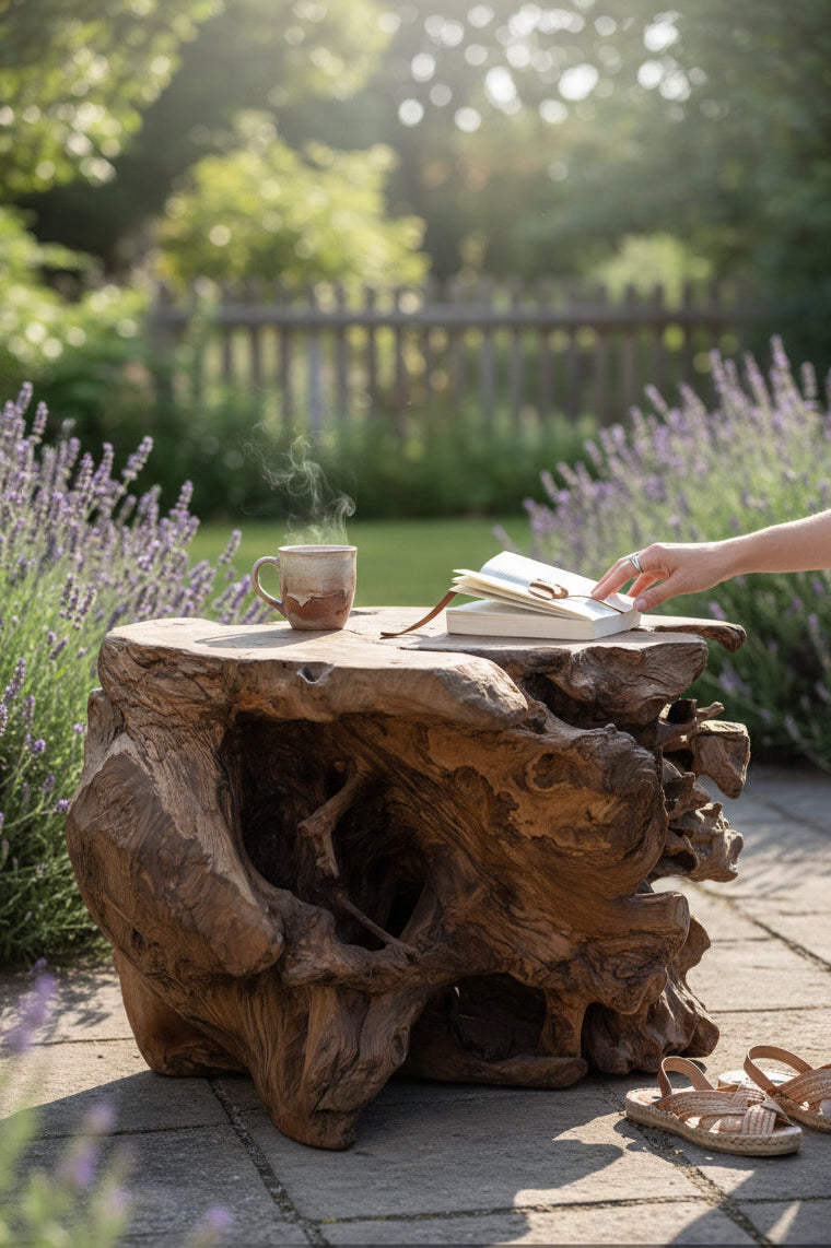 Unique piece: One-of-a-kind garden root wood table made of teak - 42 × 70 × 60 cm