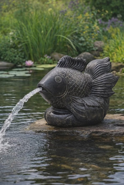 Koi Fisch Springbrunnen – Garten Terrasse Teich Deko – Wetterfest – Stein Figur Wasserspiel – 60 cm