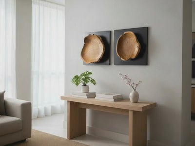 Teak wood wall decoration on a black wooden base – handcrafted solid wood unique piece – modern natural wood wall art – 40x40x10 cm