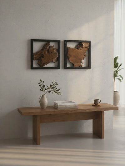 Teak wood wall decoration with black frame – handcrafted solid wood unique piece – modern wall art made of natural wood – 40x40x3.5 cm