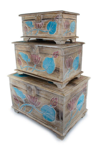 Coffre en bois - Coffre de rangement coffre aux trésors boîte aux trésors boîte en bois - Sculpté - Décor floral turquoise rouge - 38, 48, 58 cm
