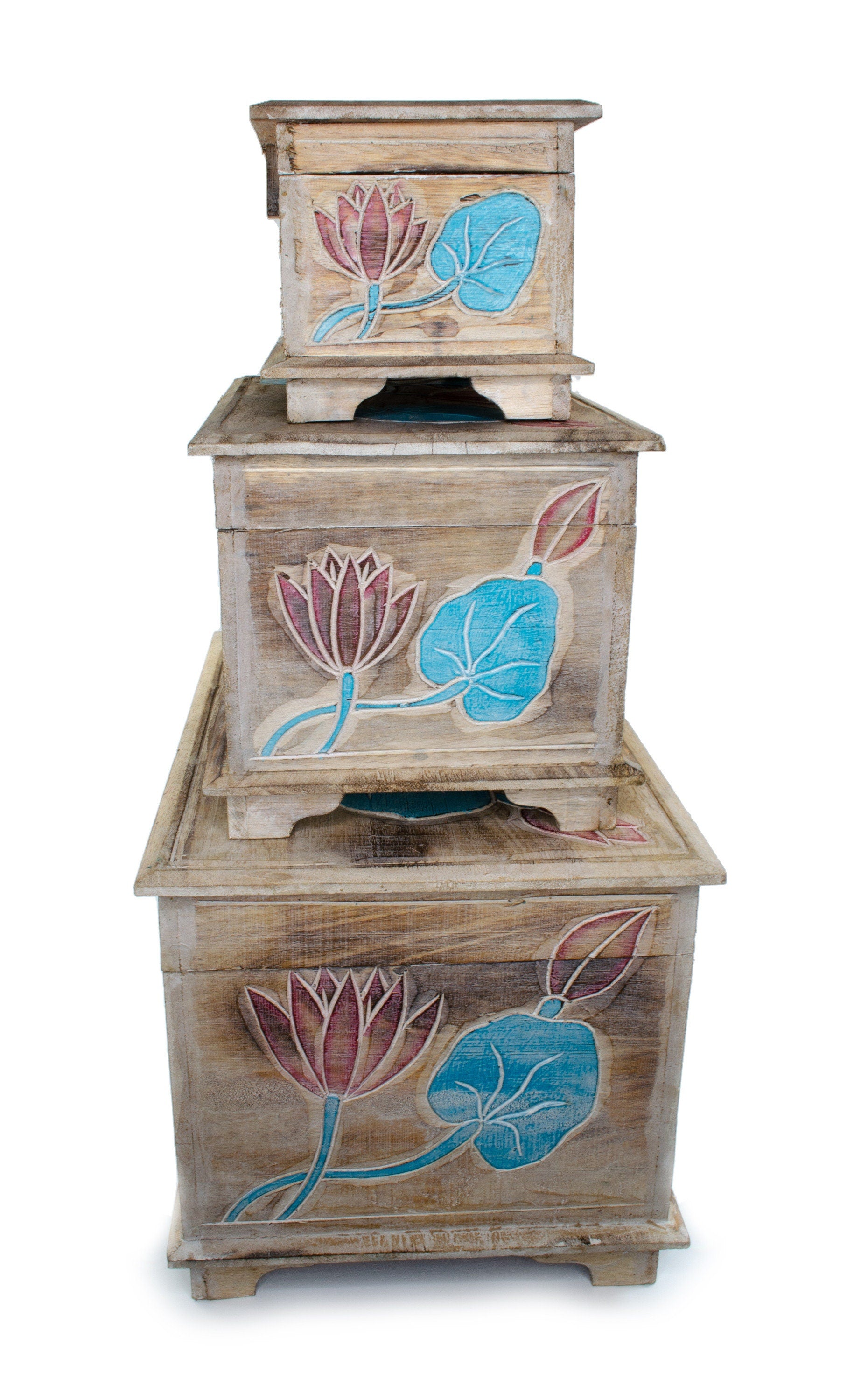 Holztruhe - Aufbewahren Schatztruhe Schatzkiste Holzbox - Geschnitzt - Blume Verzierung Türkis Rot - 38, 48, 58 cm