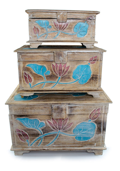 Wooden chest - storage treasure chest treasure box wooden box - carved - flower decoration turquoise red - 38, 48, 58 cm