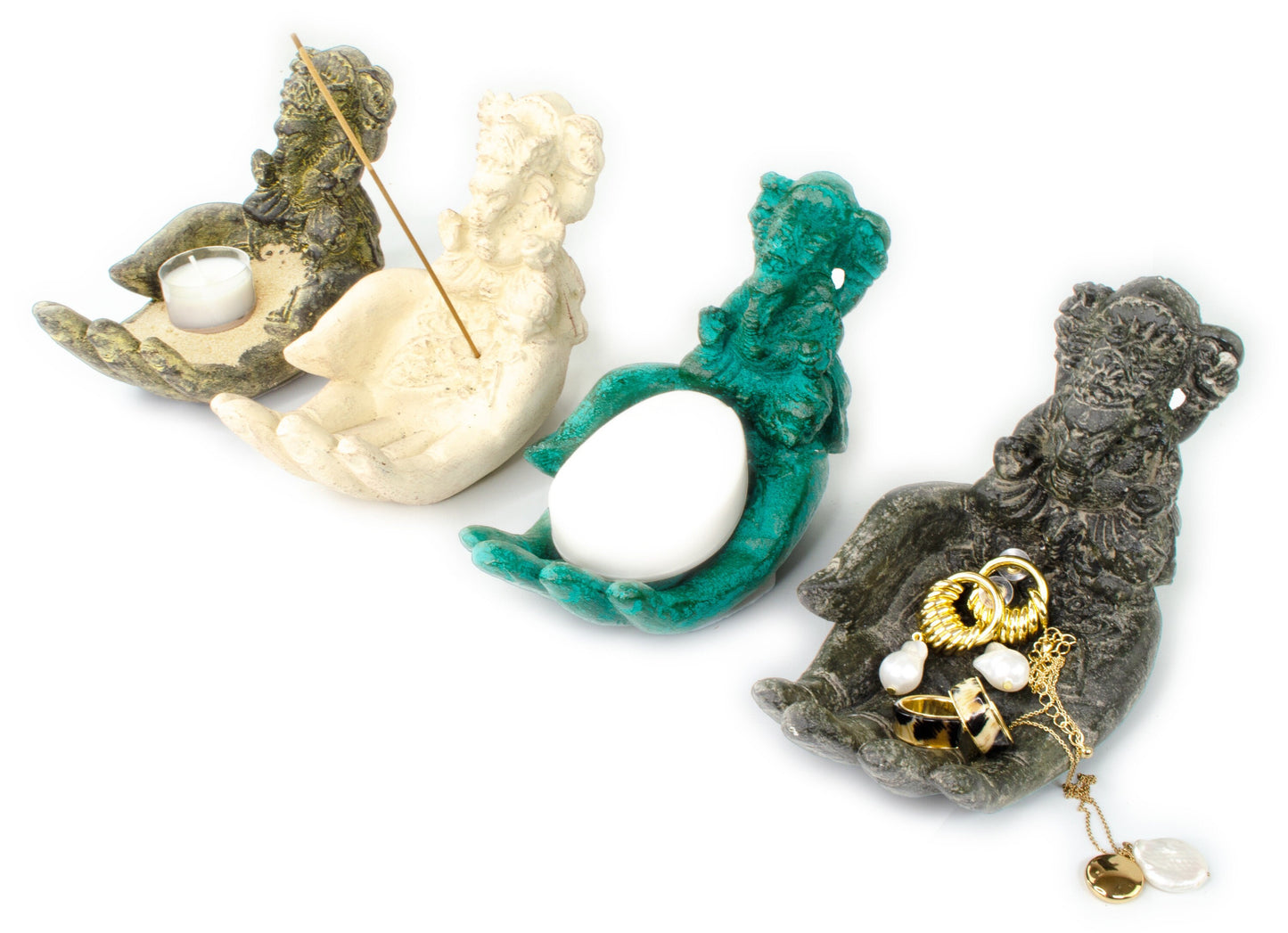Ganesha Stone Hand Sculpture Figure Incense Stick Holder Elephant Approx. 15cm Green Decoration