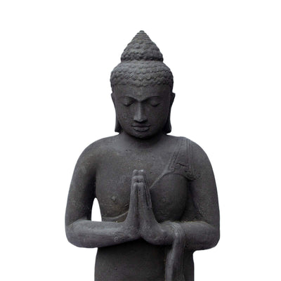 Buddha Figur Stein Garten stehend Lavasand 120 cm Groß Skulptur Wetterfest Statue Frostfest massiv Guss Schwarz