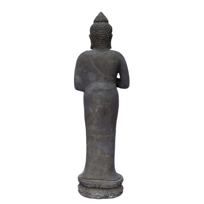 Buddha Figur Stein Garten stehend Lavasand 120 cm Groß Skulptur Wetterfest Statue Frostfest massiv Guss Schwarz