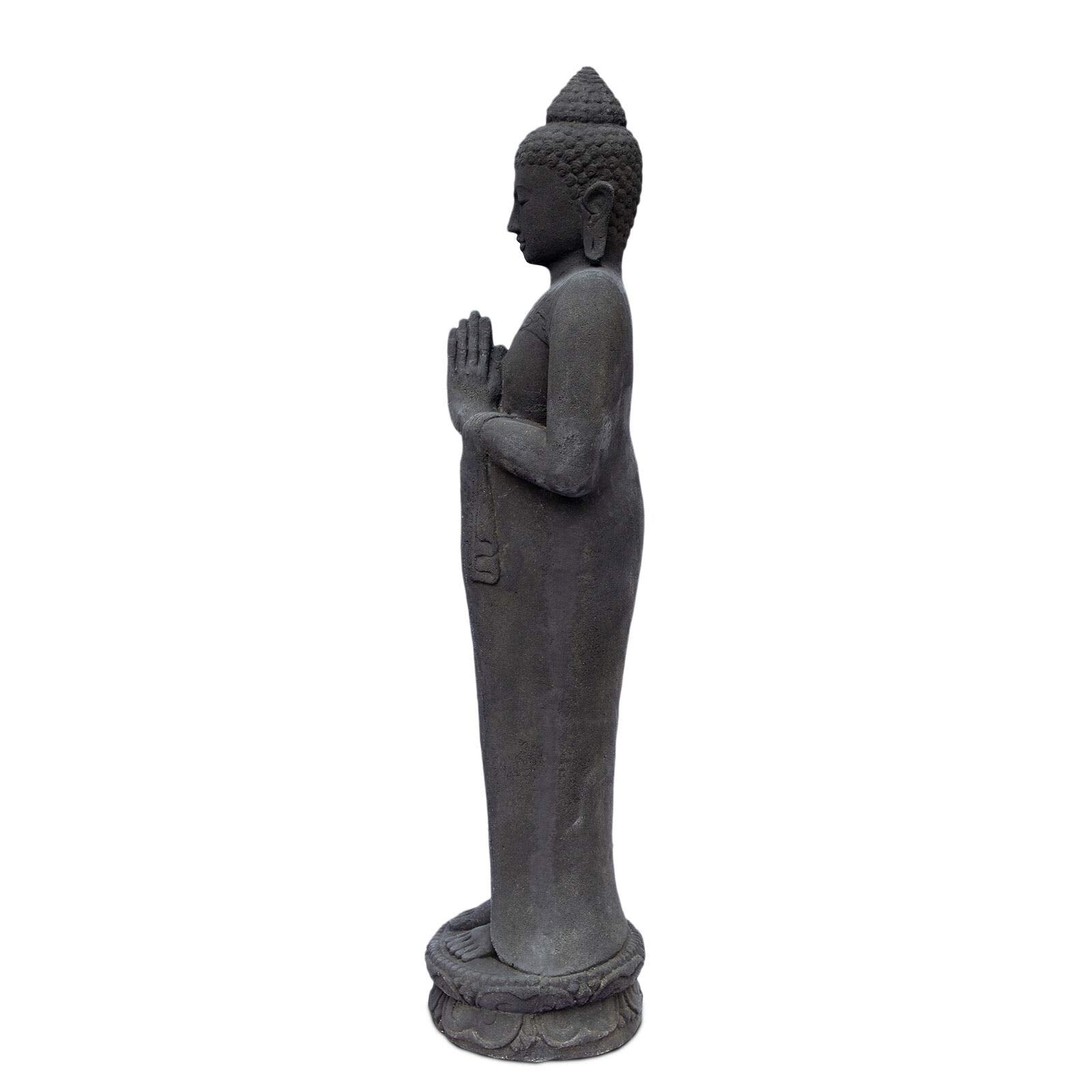 Buddha Figur Stein Garten stehend Lavasand 120 cm Groß Skulptur Wetterfest Statue Frostfest massiv Guss Schwarz