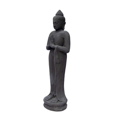 Buddha Figur Stein Garten stehend Lavasand 120 cm Groß Skulptur Wetterfest Statue Frostfest massiv Guss Schwarz