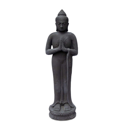 Buddha Figur Stein Garten stehend Lavasand 120 cm Groß Skulptur Wetterfest Statue Frostfest massiv Guss Schwarz