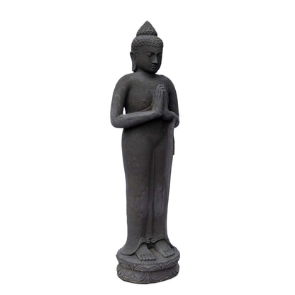 Buddha Figur Stein Garten stehend Lavasand 120 cm Groß Skulptur Wetterfest Statue Frostfest massiv Guss Schwarz