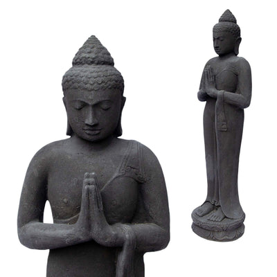Buddha Figur Stein Garten stehend Lavasand 120 cm Groß Skulptur Wetterfest Statue Frostfest massiv Guss Schwarz