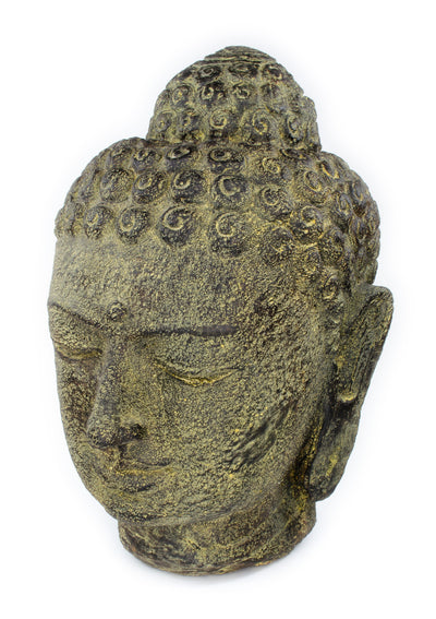 Tête de Bouddha - Décoration de jardin - Figurine en pierre moulée résistante aux intempéries - Mélange de pierres jaunes - 30 x 19 x 21 cm