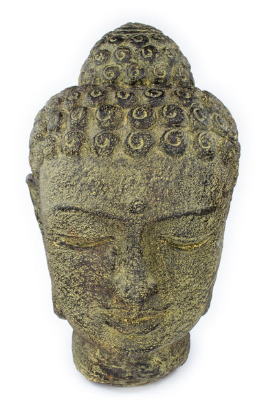 Tête de Bouddha - Décoration de jardin - Figurine en pierre moulée résistante aux intempéries - Mélange de pierres jaunes - 30 x 19 x 21 cm