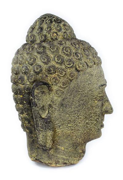 Tête de Bouddha - Décoration de jardin - Figurine en pierre moulée résistante aux intempéries - Mélange de pierres jaunes - 30 x 19 x 21 cm