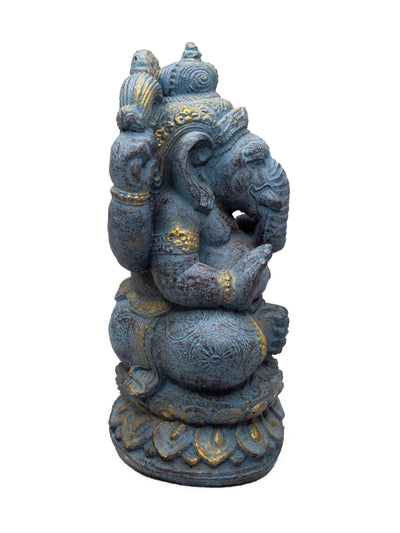 Ganesha Skulptur - Deko Raumdeko Kunstwerk - Elefantenkopf Hindu Glücksbringer Statue - Stein Figur Blau - 34 cm