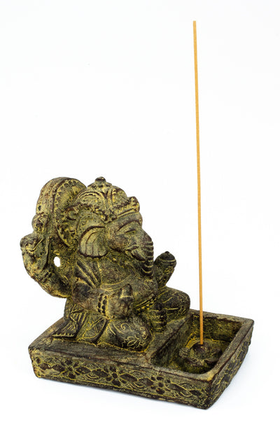 Ganesha Skulptur - Deko Raumdeko Räucherstäbchen Halter - Hindu Gottheit des Glückes - Steingemisch Elefant Gelb - 23x13x15 cm
